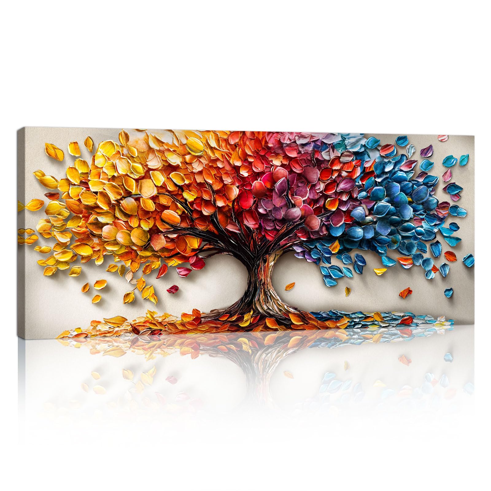 Large 3D Texture Blooming Trees Canvas Wall Art, Framed Orange Red Trees Wall Picture Nature Landscape Art Prints Paintings Wall Decor for Living Room Bedroom Office Kitchen Ready To Hang 50x120cm — image 1