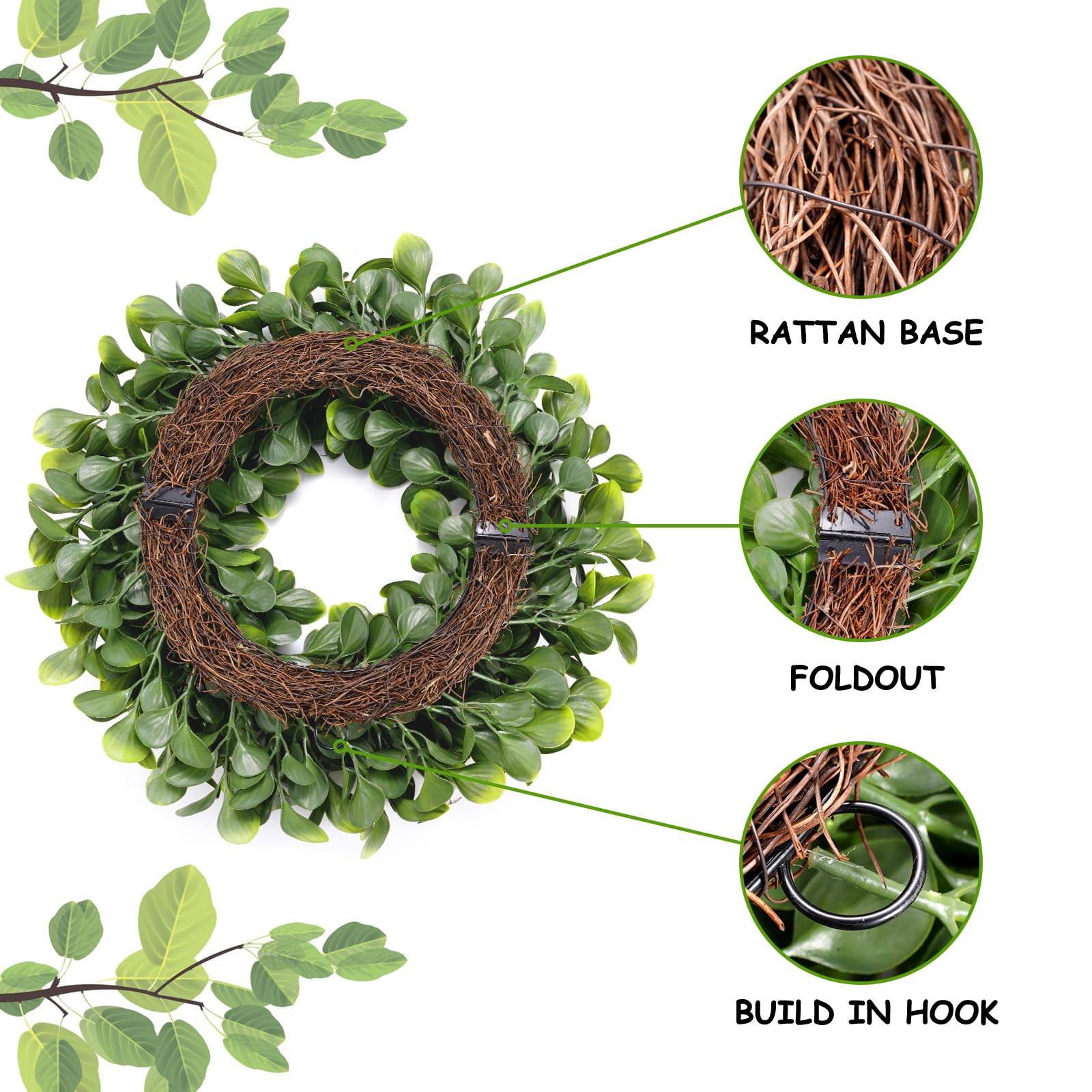 24inch Boxwood Wreath Front Door Artificial Spring Summer Greenery Wreath for Home Wedding Wall Window Decoration