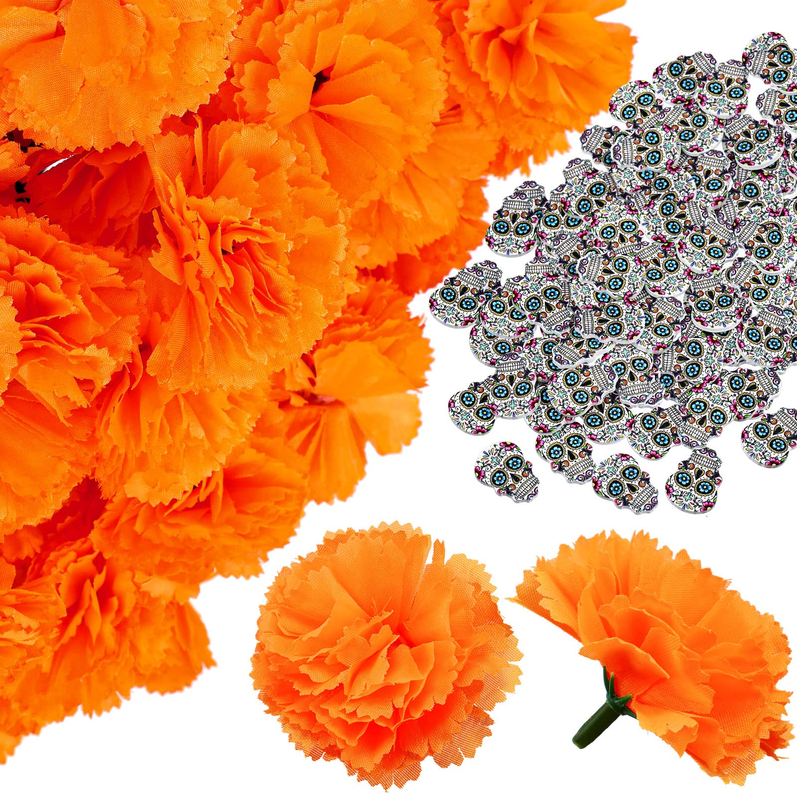 WILLBOND 50 Pieces Artificial Marigold Flowers and 50 Pieces Sugar Skull Day of The Dead Decor Dia De Los Muertos Decor for Diwali, Indian Festival, DIY Marigold Garland Wedding Halloween Decoration