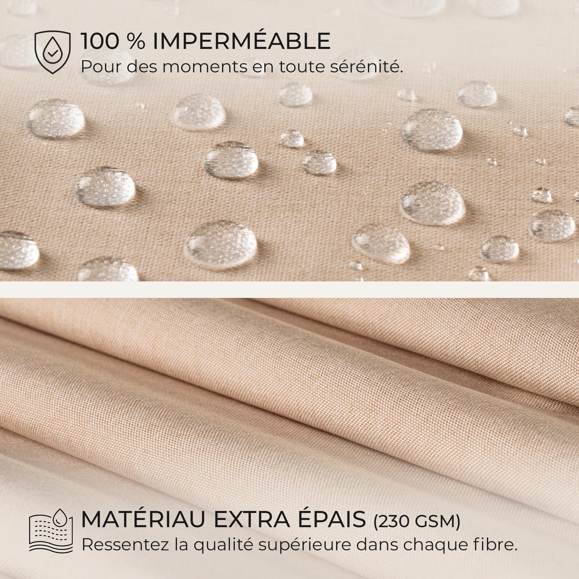Rideau de Douche Lin Texturé 180x200 Beige – 230 GSM Imperméable | Usage polyvalent : baignoire, douche italienne, camping, balcon, hôtel, salle de sport
