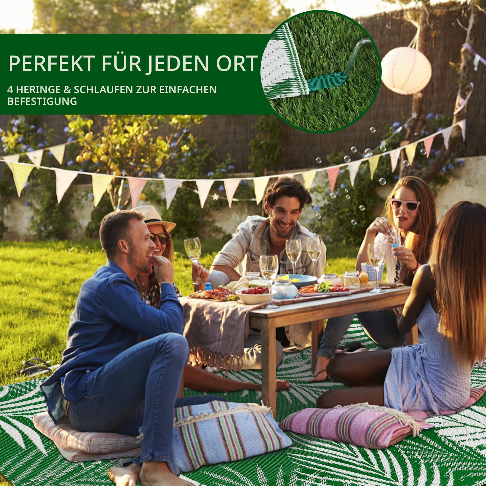 Cekene Outdoor Teppich Wetterfest Grün 150x245cm Outdoorteppich Camping Wasserfest UV-Beständig Terrasse Teppich Plastik Leichtgewicht Teppich für Draußen Balkon Garten