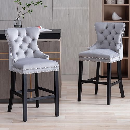 Miniatura 2 de Juego de 2 taburetes de bar, de terciopelo, 26 taburetes de altura de mostrador con respaldo copetudo, sillas de bar con ribete de remache para isla