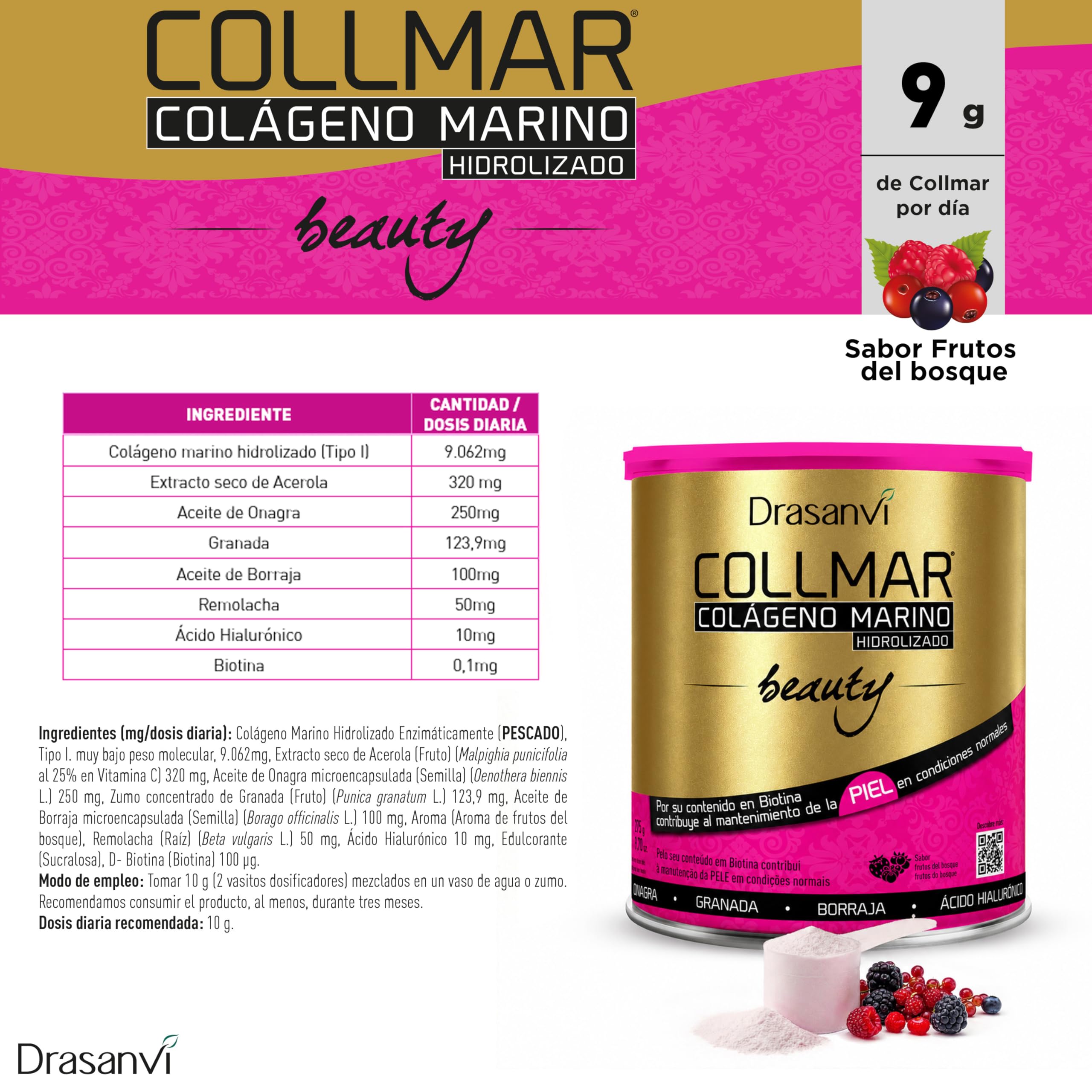 Drasanvi Colageno Marino Hidrolizado Beauty (PACK 2) + Ácido Hialurónico | Colágeno con Biotina + Vitamina C Natural |Elasticidad, Firmeza y Luminosidad de la Piel |2x275g=54 día|Sabor Frutos Bosque