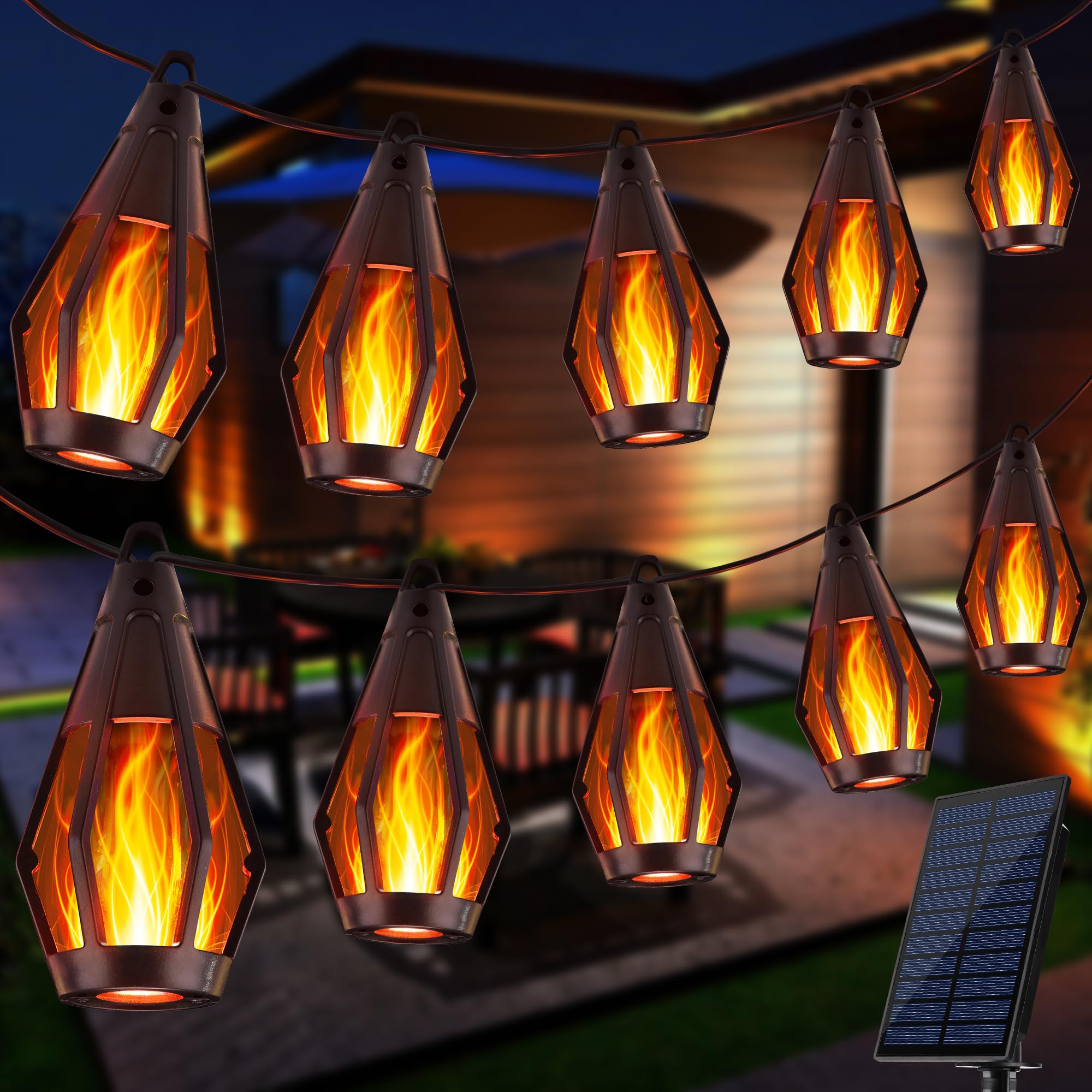 Solar Flammen Lichterkette Aussen - 12,6M 15 LED Lichter Outdoor Solar-Lichterkette Außen für Garten Terrasse Balkon, Partys Dekoration