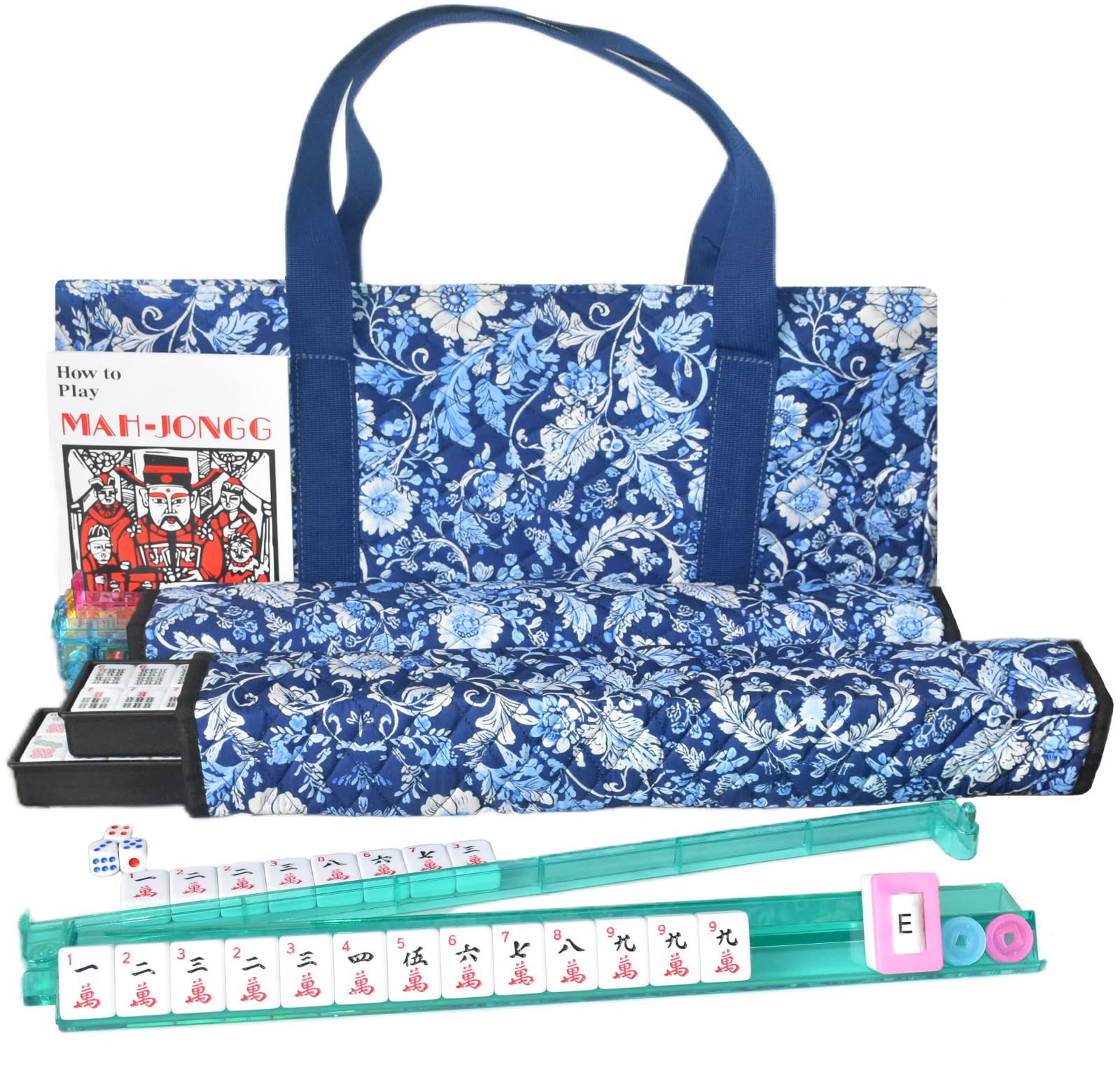 American Mahjong Set,166 Premium White Tiles,4 All-in-One Mahjong Racks/Pushers,Complete Western Mah Jongg with Soft Blue Printed Carrying Bag