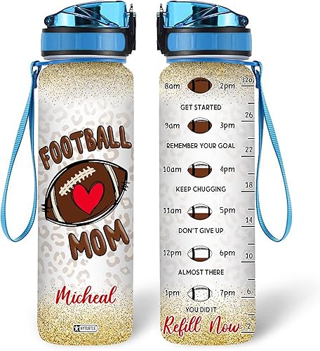 Hyturtle Botella de agua motivacional personalizada de fútbol de 32 onzas, botella de agua con nombre personalizado para mamá, regalos para mujeres,