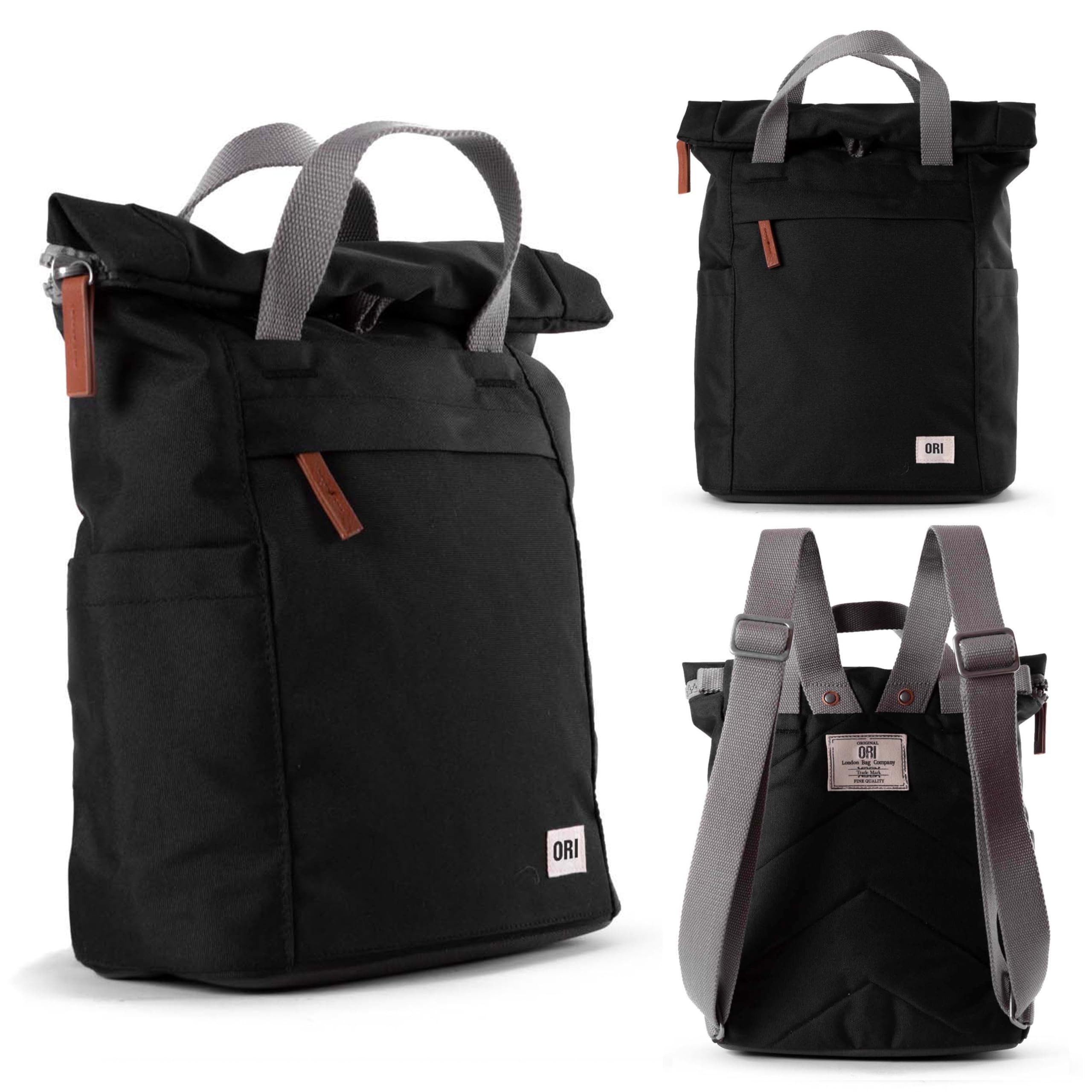 ORI LONDON Travel Backpack - Small Water-Resistant Nylon Rolltop Laptop Backpack for Men & Women - The Finchley - Ash