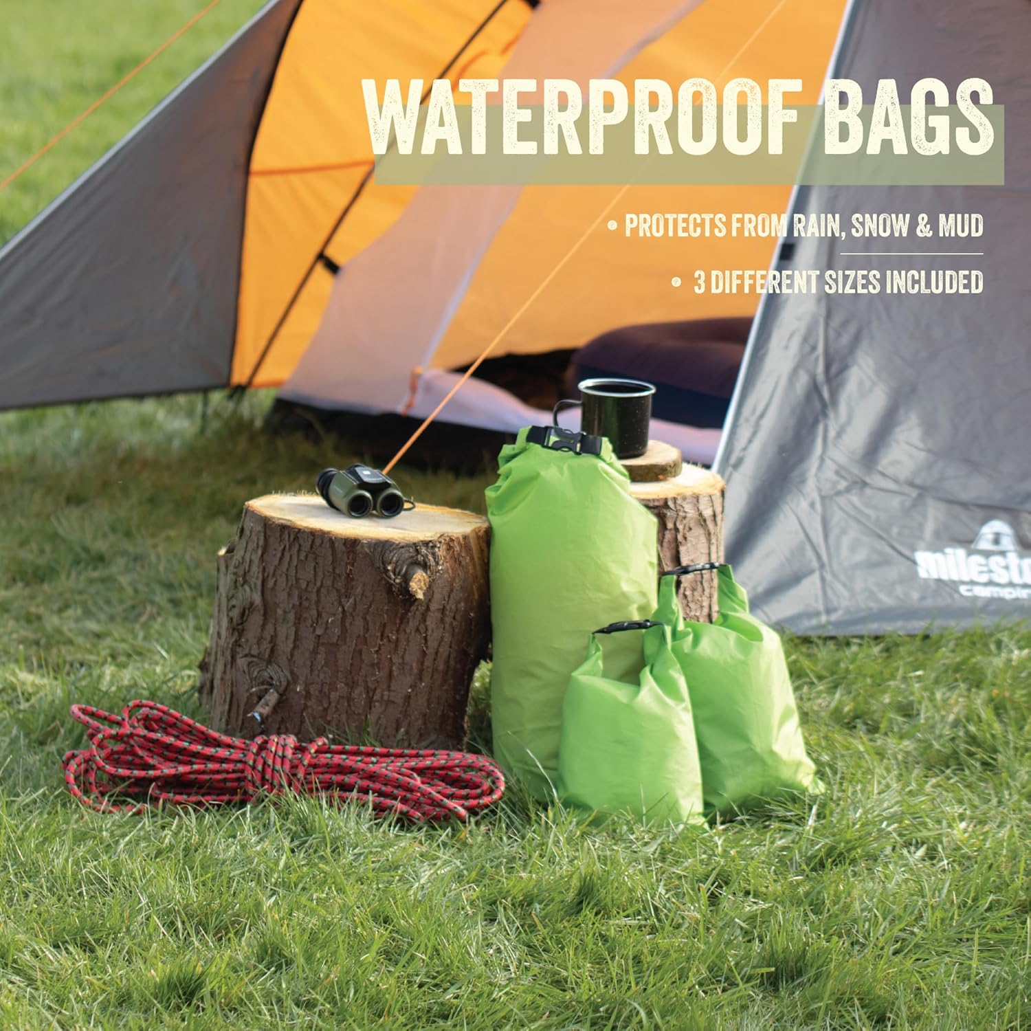 Milestone Camping Waterproof Dry Bags / Single Bag Or Set Of 3 / Roll Up Close / Easy To Spot Bright Green Or Orange Design / Great For Camping, Fishing, Skiing & Hiking Trips