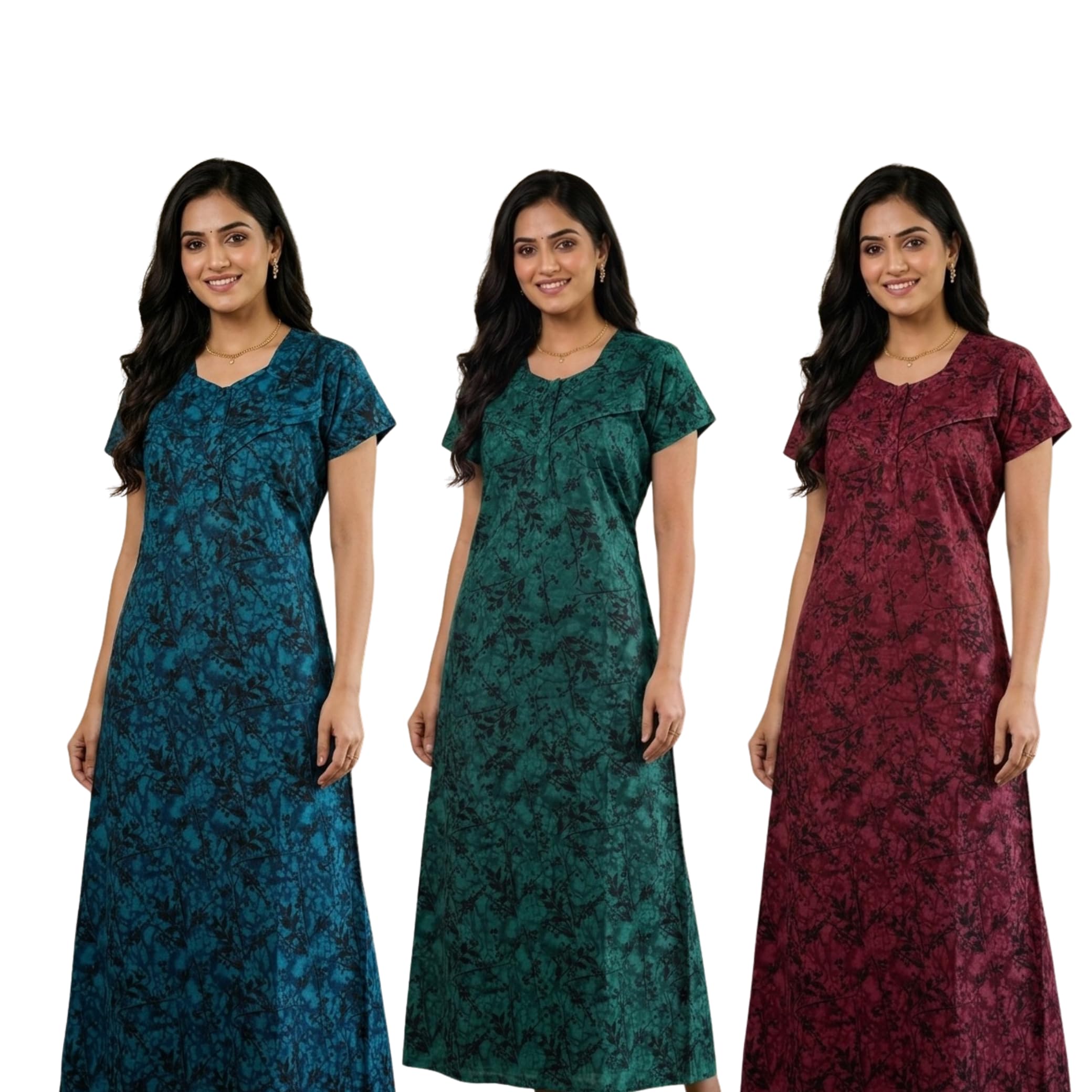 Cotton Feeding Gown for Women | Maternity Nursing Maxi Nighty with Zip Opening at Bust | Floral Leaf Printed Feeding Sleepwear Multipurpose Nighty | Free Size (Fits M–XL) | Any 2-image-7