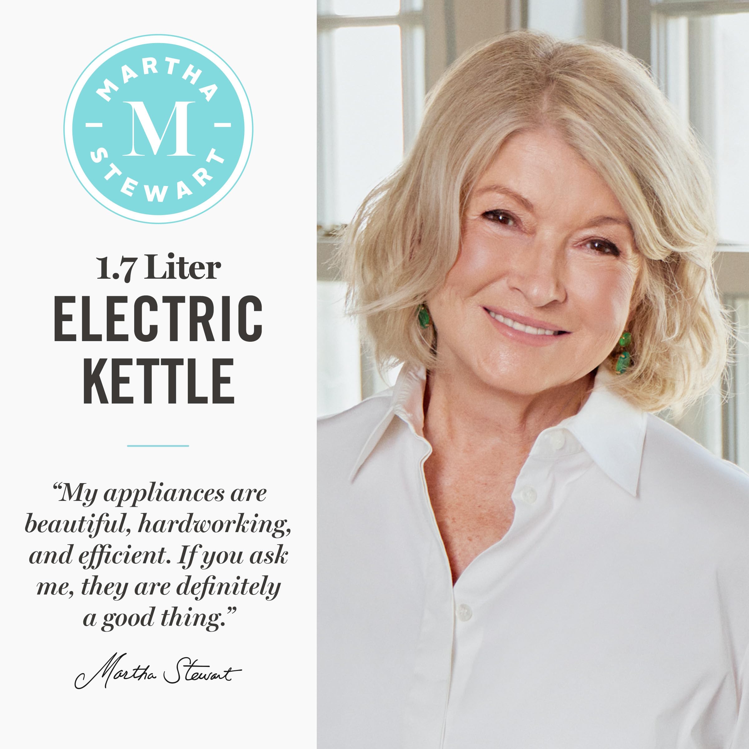Martha Stewart  Electric Kettle with Removable Stainless Steel Tea Infuser, Glass Carafe 1.7L (7 Cups), Hot Water Boiler, 4 Presets, Keep Warm & Auto Shut-Off, Cordless 360° Swivel Base, Linen White - 3