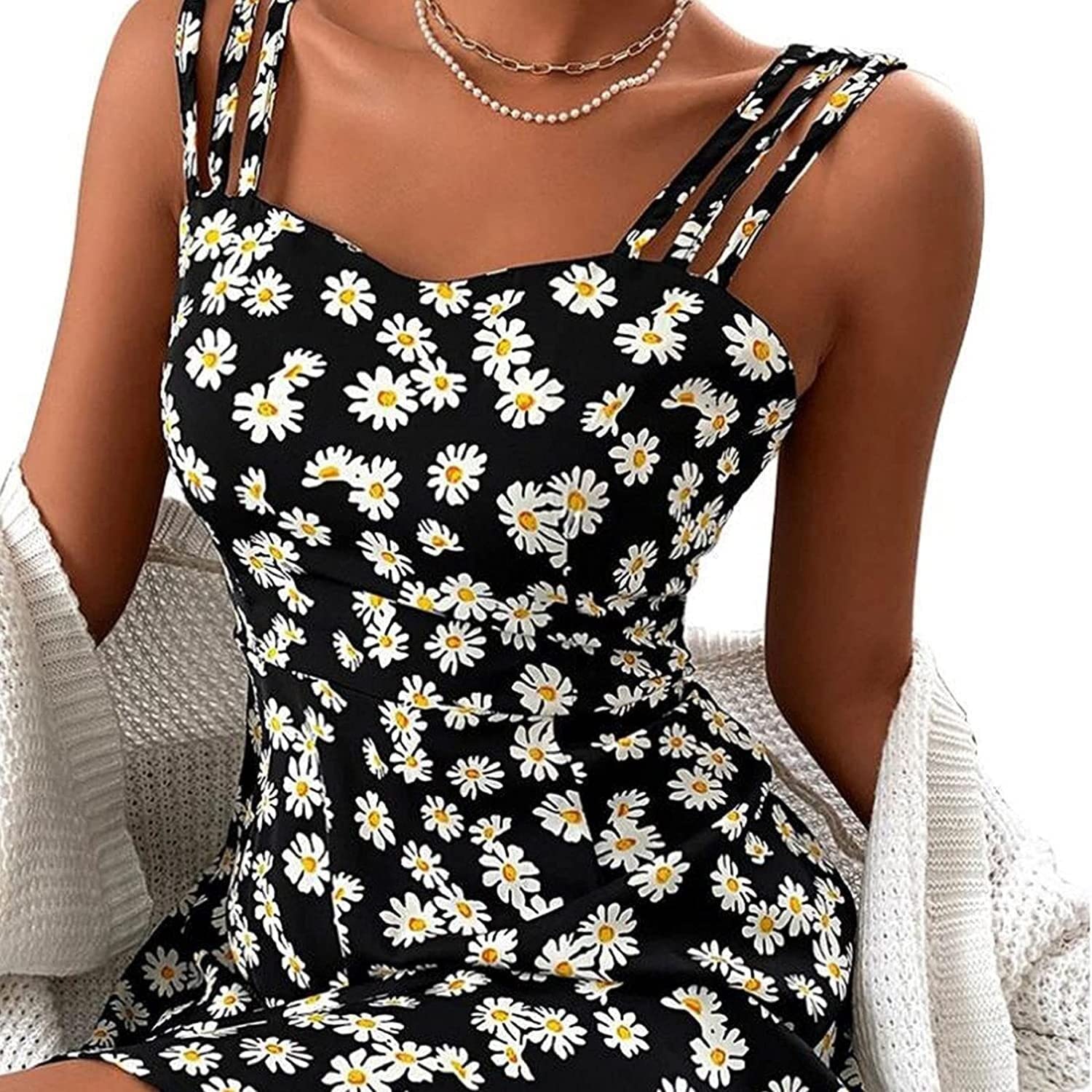 Verstellbarer Ersatz-Schultergurt, Handtaschenträger, Kleider for Damen, V-Ausschnitt, ärmellos, Spaghettiträger, kleines Gänseblümchen, lässige Mini-Swing-Kleider, Sommerkleider (Farbe: Schwarz, Größ