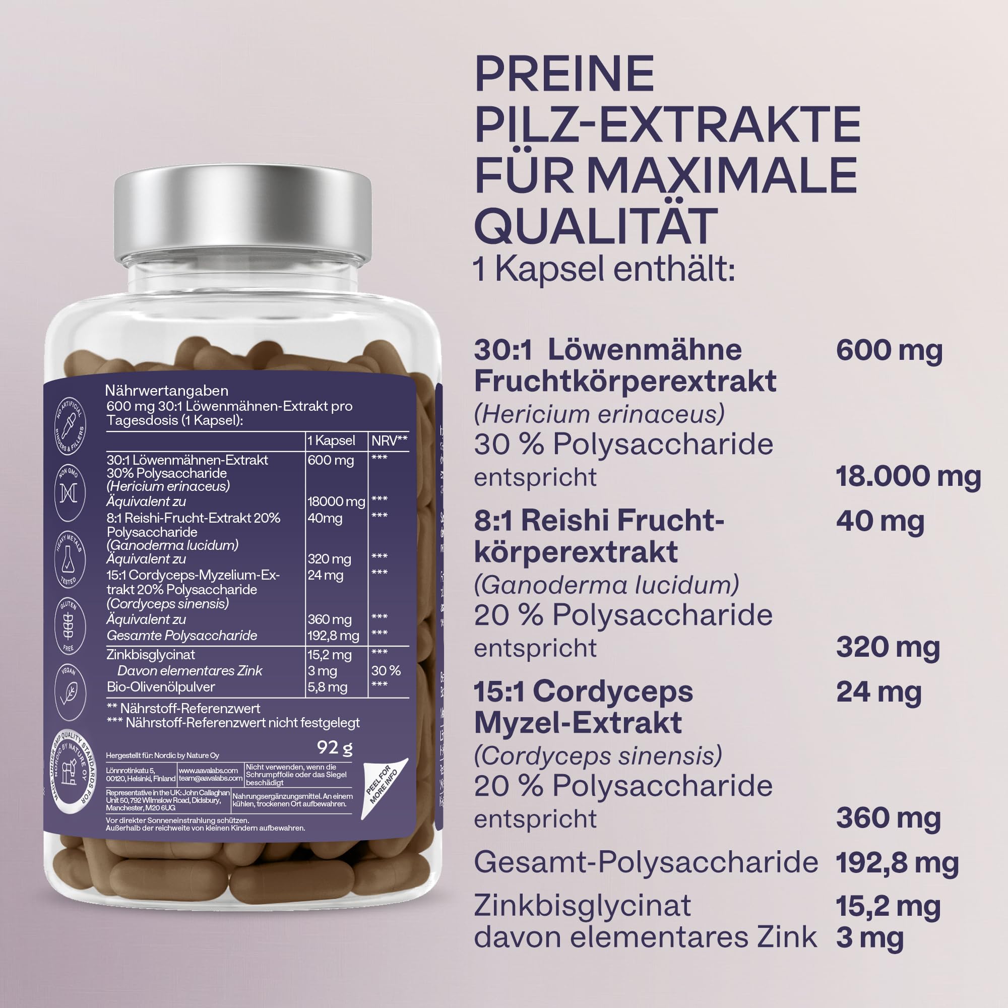 Lions Mane Mushroom Complex 18000 mg Hericium Erinaceus Hochdosiert 30:1 Extrakt - Löwenmähne Pilz - Lions Mane Kapseln mit Reishi, Cordyceps & Zink - 120 Kapseln