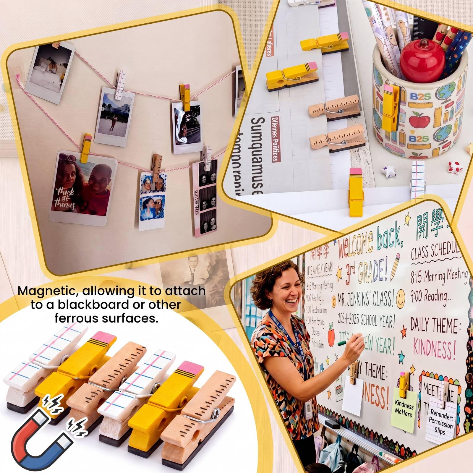 Tenceur Bunte Bleistift-Magnet-Clips für Lehrer, Whiteboard, Kühlschrankmagnet mit Holzklammern, für Lehrer, Kühlschrank, Klassenzimmer, Must-Haves, Wäscheklammern für Fotos, 30 Stück