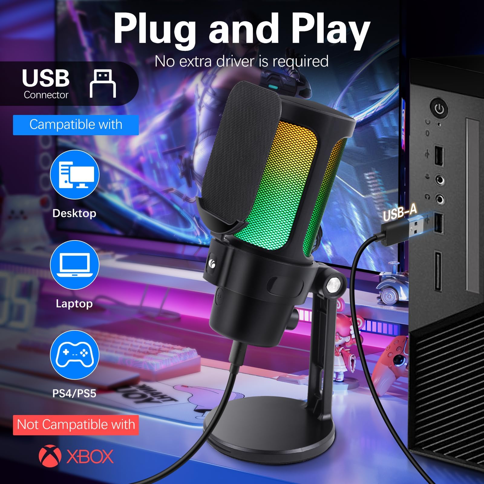 Micrófono USB para juegos para PC, micrófono dinámico de condensador VCOM con silencio rápido, indicador RGB, soporte de escritorio, filtro pop, soporte de choque, monitoreo para transmisión,