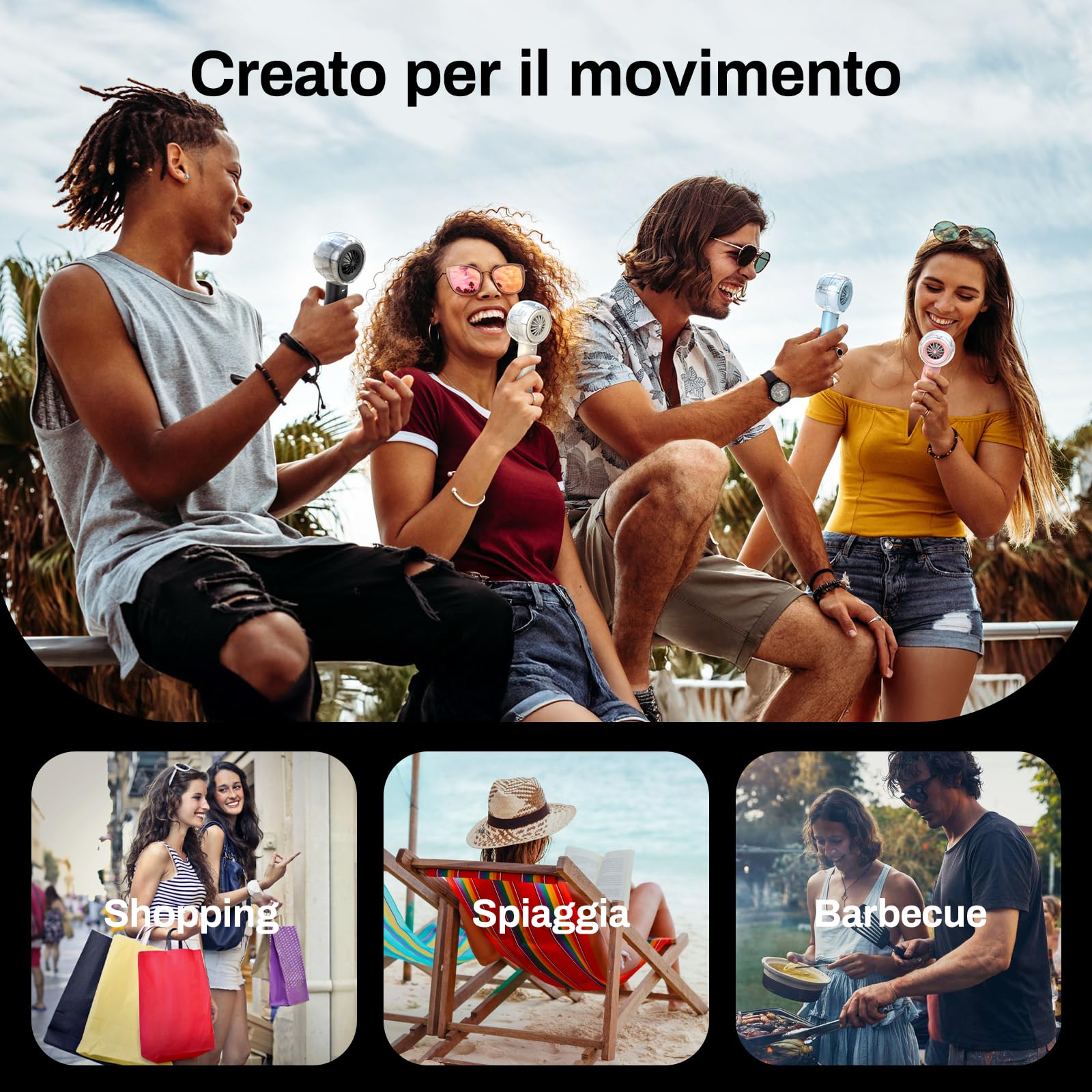 Ventilatore Portatile a Mano con Nebulizzatore, Mini Ventilatore USB Potente, Motore Turbo, Batteria Ricaricabile 6000mAh, 4 Velocità, per Viaggi, Outdoor, Idea Regalo Donna Uomo (Nero)