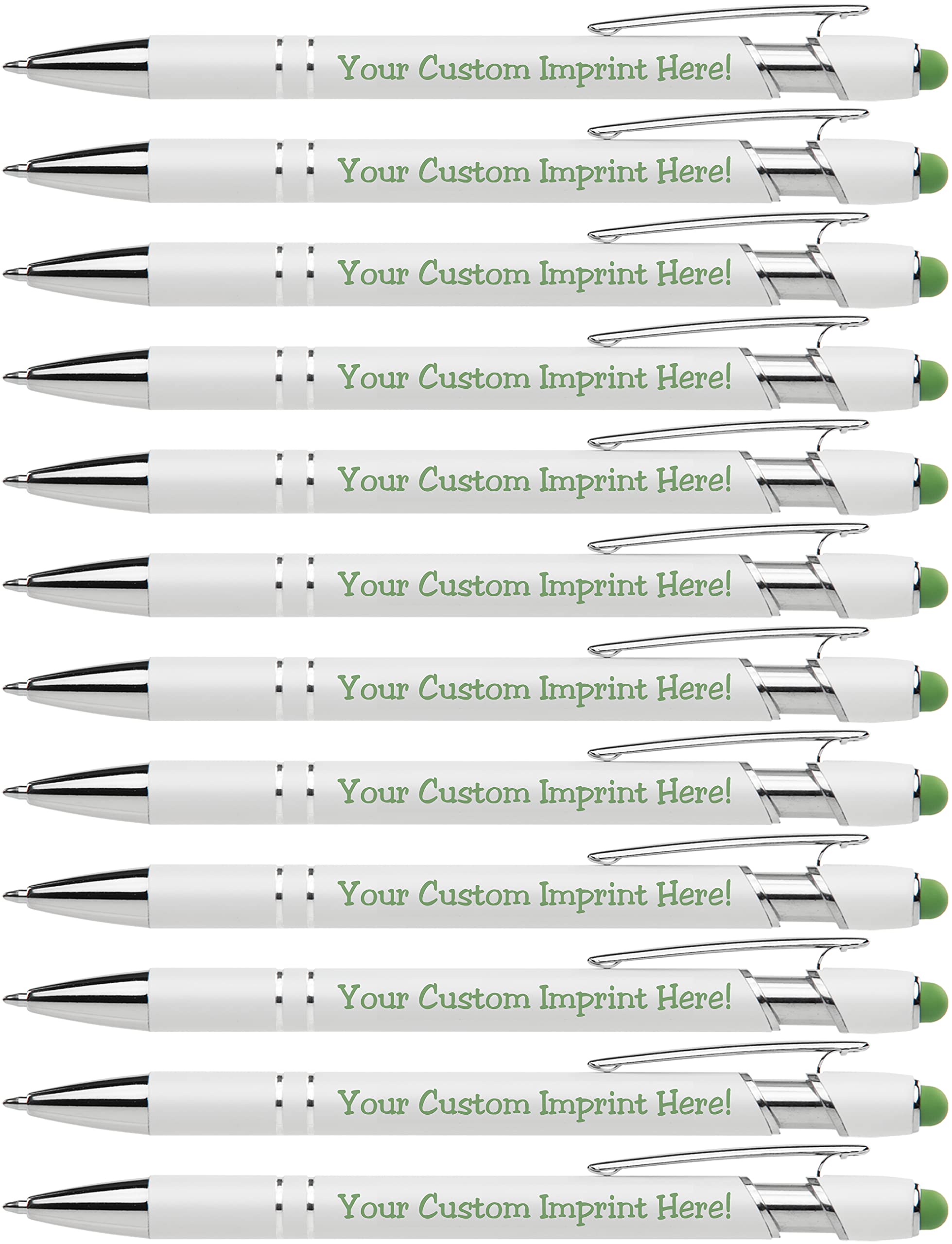 ExpressDesigns™ - Premium Custom Pens with Stylus | Beautiful White | Personalized Soft-Touch Metal Printed Name Pens w/Black Ink - 12 pack (Green)