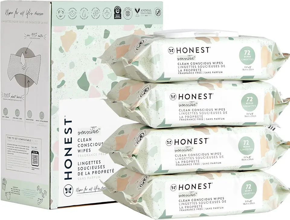 The Honest Company Clean Conscious Unscented Wipes | Over 99% Water, Compostable, Plant-Based, Baby Wipes | Hypoallergenic for Sensitive Skin, EWG Verified | Geo Mood, 288 Count