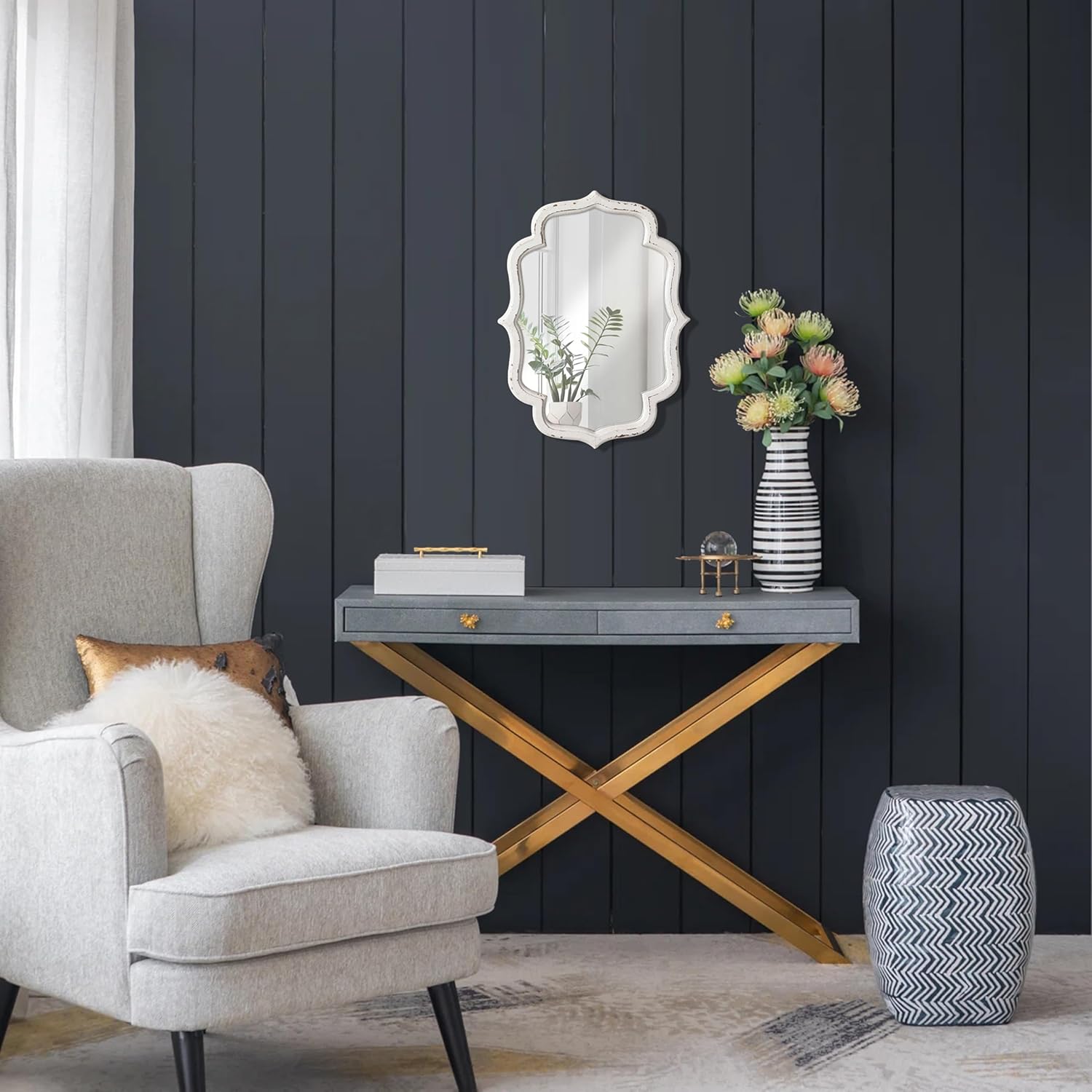 Condition photo showing As Is for vintage small scalloped wall mirror decorative 16" x 12", hanging rustic distressed white bathroom mirrors for vanity, farmhouse wood quatrefoil wall mounted mirror for living room