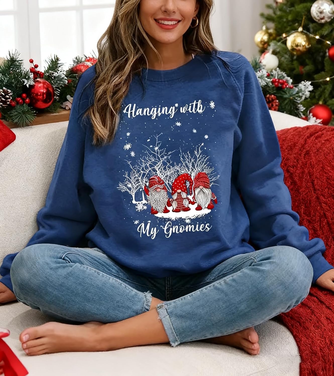 LLHXRUI Hanging With My Gnomies Sweatshirts Women Christmas Long Sleeve Pullover Shirts Funny Garden Gnome Graphic Tees Tops