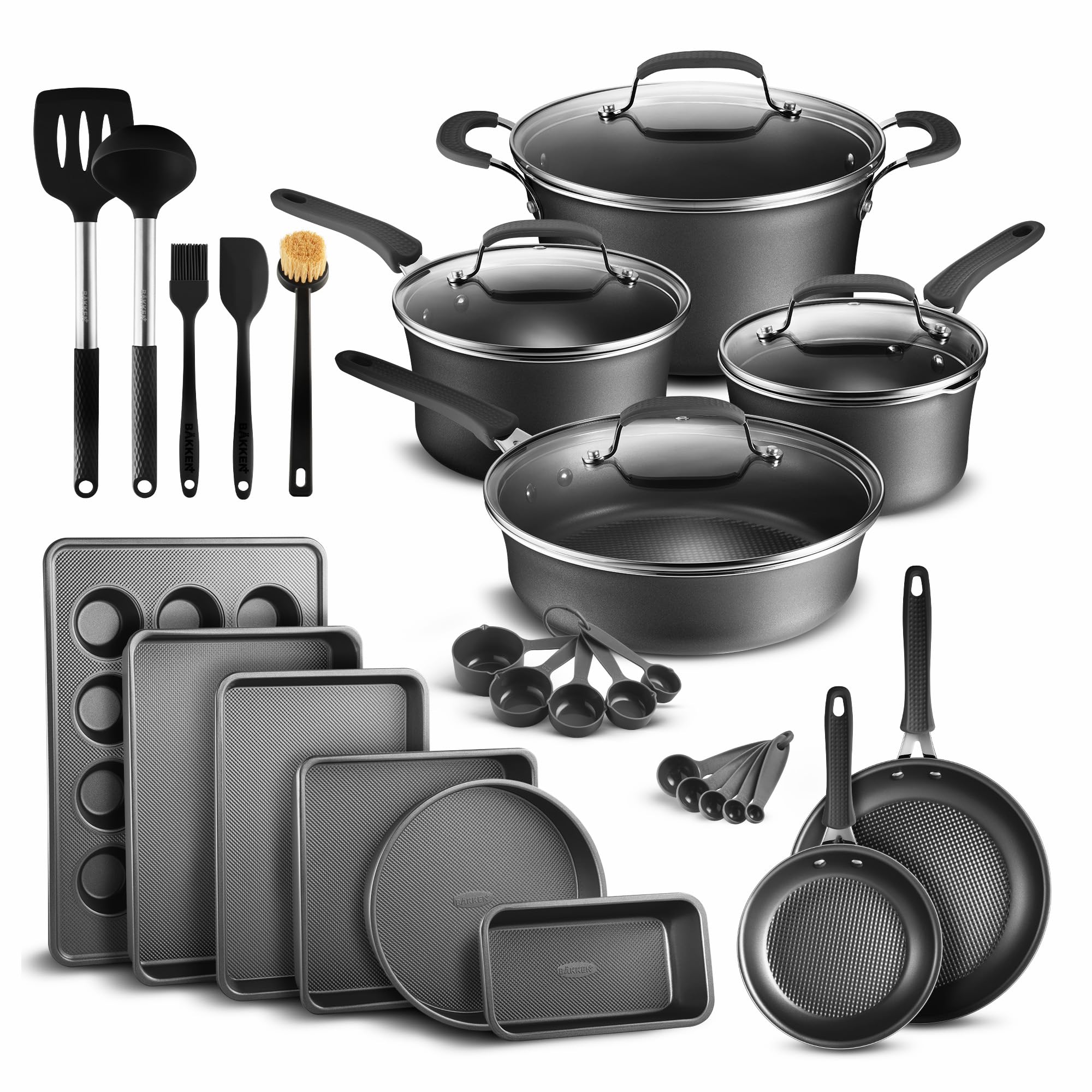 Pots and Pans Set, 23-Piece Non Stick Cookware & Bakeware Sets with Plaid Pattern, Stackable Design, Dishwasher Safe, Stain-resistant, Oven & All-Stove Safe, Tempered Glass Lid, Black
