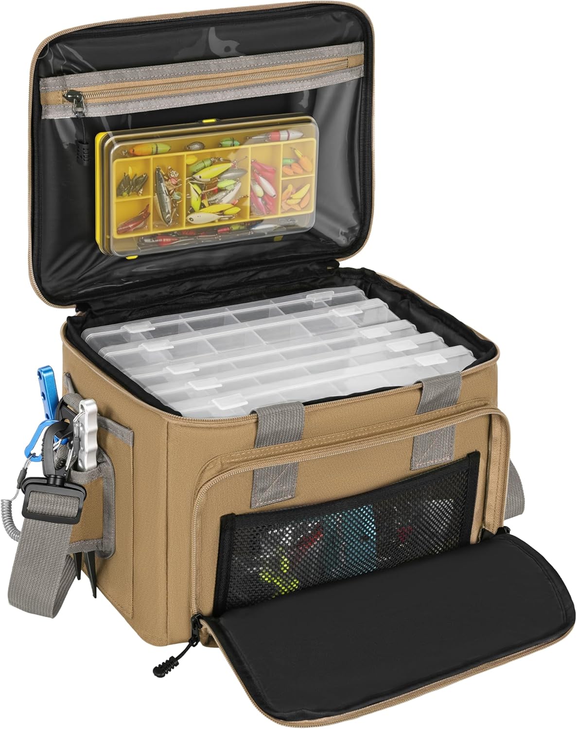 Fishing Tackle Bags Empty, Water Resistant Bag Fits 3600 Lure Box, Portable Saltwater Freshwater Bag with Padded Shoulder Strap & Tool Holder, Outdoor Storage Bag for Anglers（Khaki