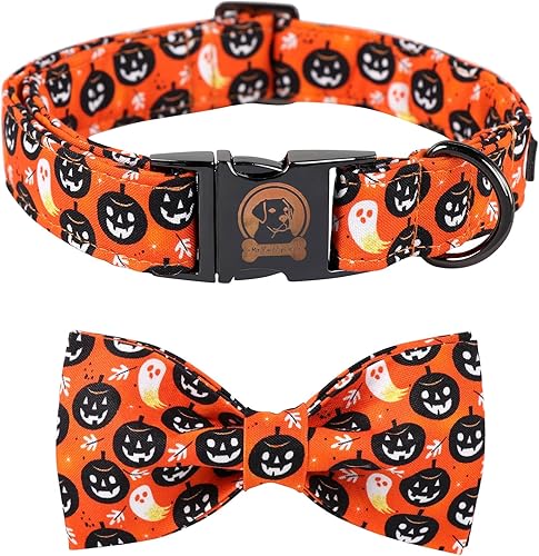 Collar de perro de Halloween con lazo MR. CHUBBYFACE - Collar con diseño de calabaza y fantasma con corbatín para cachorros, perros pequeños,