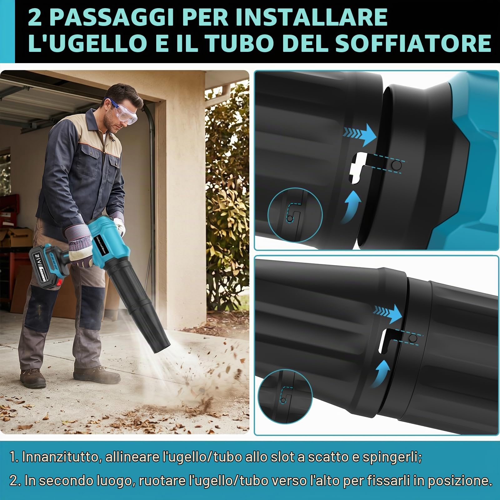Soffiatore a batteria con 2 batterie da 4,0 Ah, motore turbo da 800.000 giri/min, velocità dell'aria 65 m/s, soffiatore senza fili con regolazione continua e 2 tubi di soffiaggio per giardino