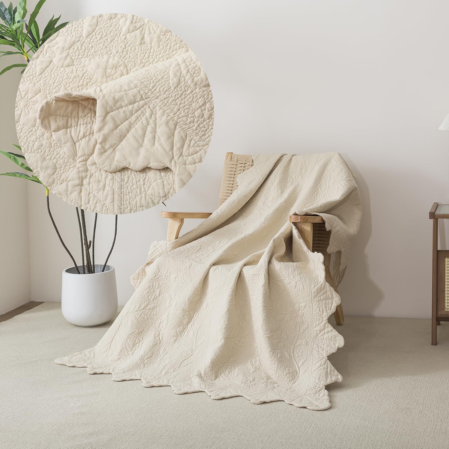 Brandream Beige Scalloped Edge Quilt Cotton Quilted Throw Blanket for Bed Couch Daybed 47 X 60 Inch Decorative Throw Blankets