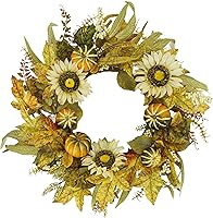 Vista 10 de YNYLCHMX Coronas de otoño de 18 pulgadas para puerta delantera, corona de otoño artificial, corona de puerta de otoño con hojas de eucalipto y sorgo