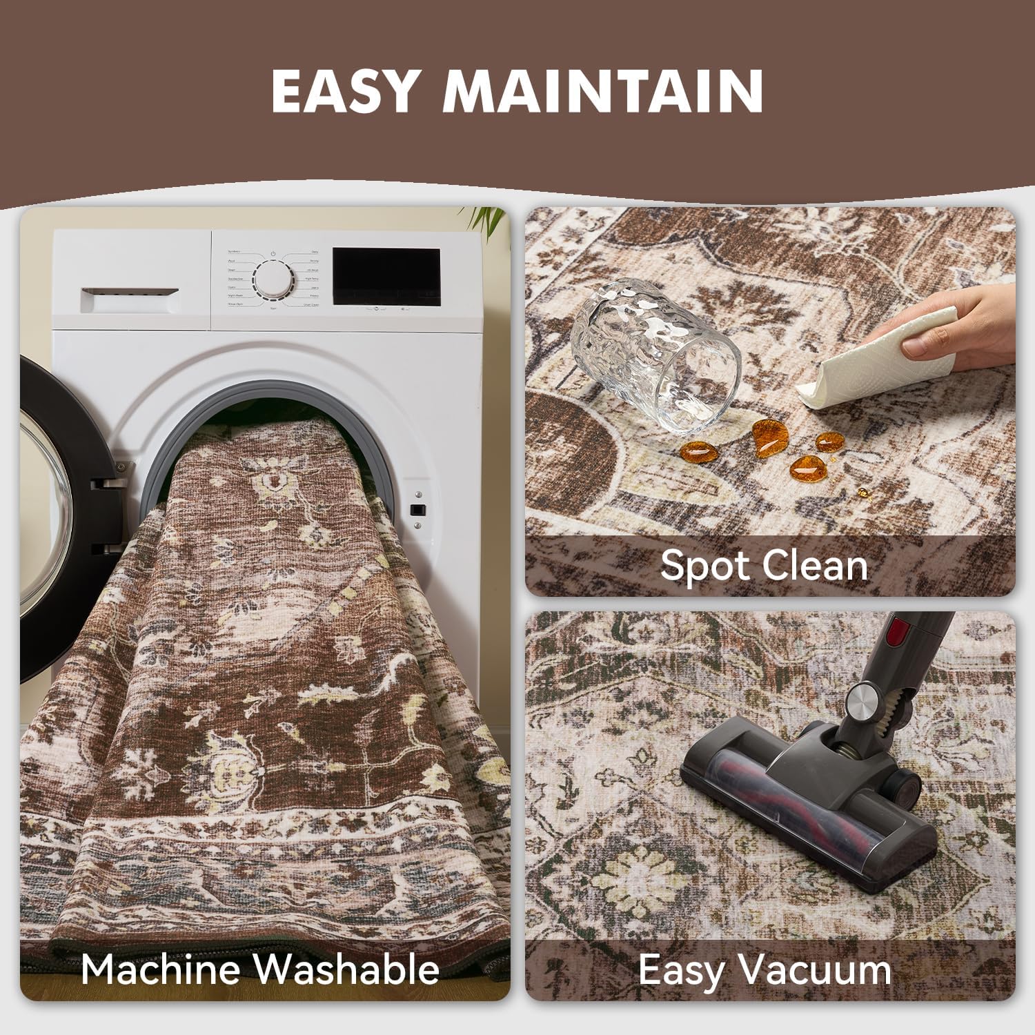 Brown Washable 5x7 Area Rugs for Living Room Rug Bedroom Rug Carpet Neutral Vintage Dining Room Rugs for Under Table Soft Comfortable Non Slip