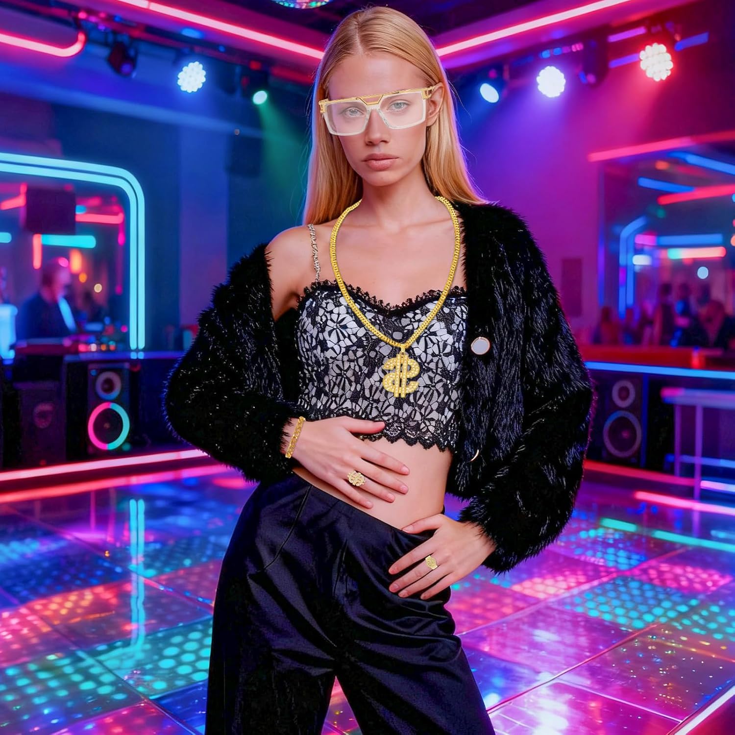 5pcs 80s 90s Hip Hop Costumes Kit with Dollar Sign Chain & Dollar Rings, Fake Gold Chain Bracelet, Disco Glasses Rapper Costumes Accessories for Men Women Cosplay Club Old School Themed Party Supplies - Image 5