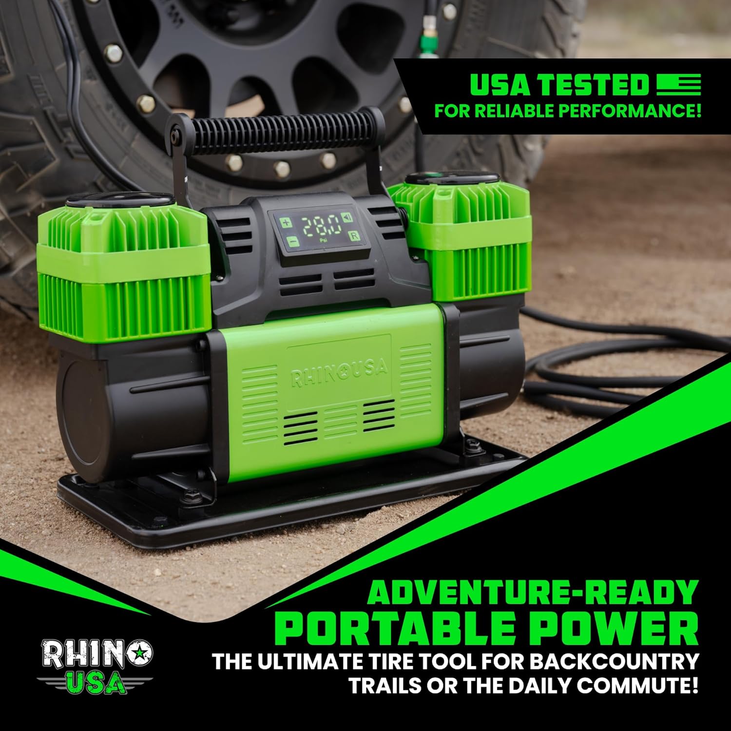 Rhino USA Dual Tire Air Compressor – 12V Portable Pump, 10.6 CFM, Auto Shutoff, Built-in Pressure Gauge, Serviceable Filters, Rubber Mounts, Quiet Operation – Accessories for Off-Road & Truck Tires