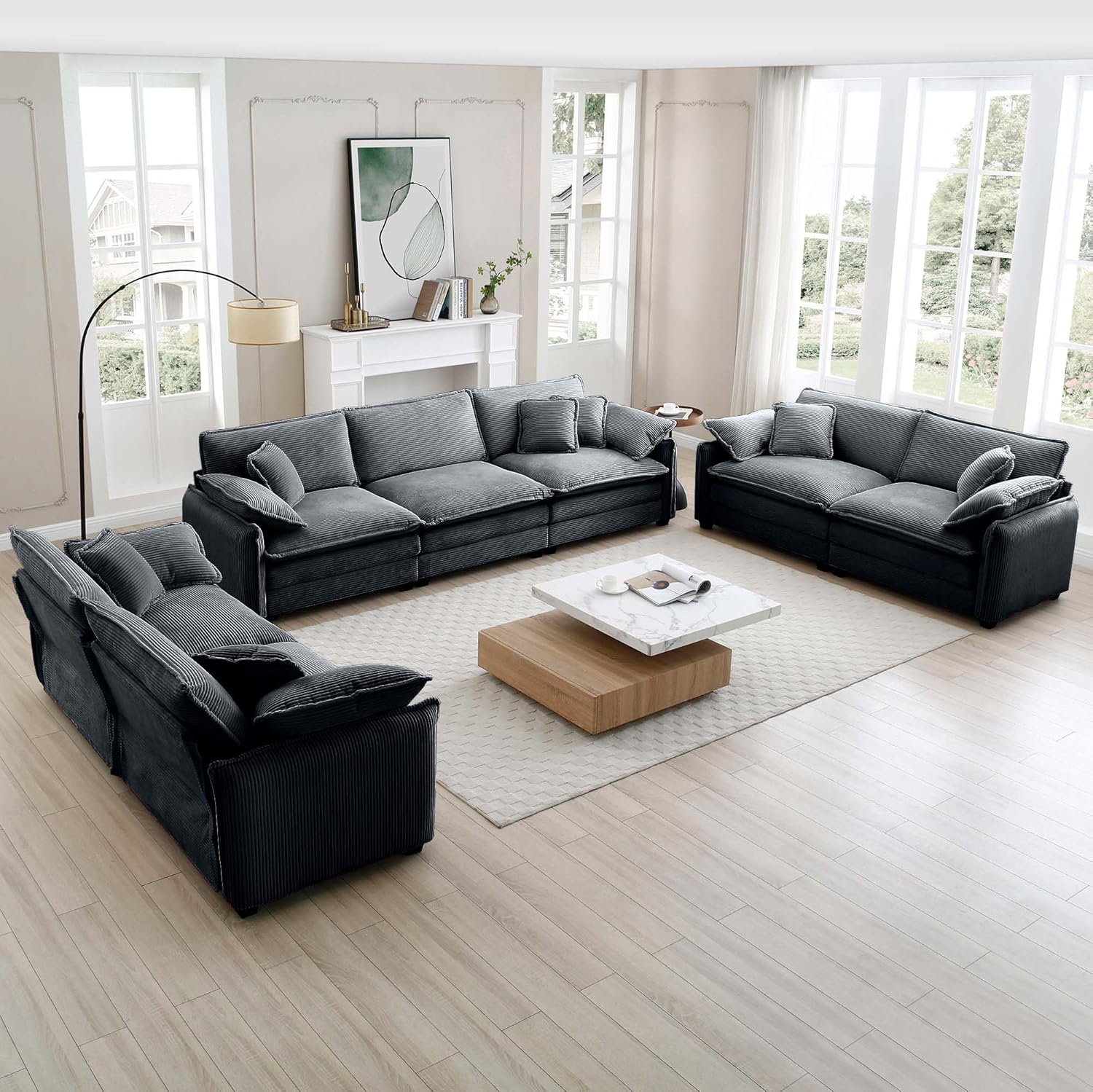 Aoowow 2 Pieces Modular Sectional Sofa Set of Loveseat Couch,Modern Corduroy Comfy Cloud Deep Seat Couches Set with 4 Throw Pillows and 4 Arm Pillows for Living Room Apartment(Green)