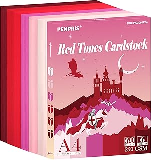 Cartulina de Tonalidades Rojas - 60 Hojas, 6 Colores, Rojas, Tamaño A4, Papel de 250 g/m²/92 lb de Peso Pesado para Impresora, Fabricación de Tarjetas, Manualidades Bricolaje, Scrapbooking PAC06MX4