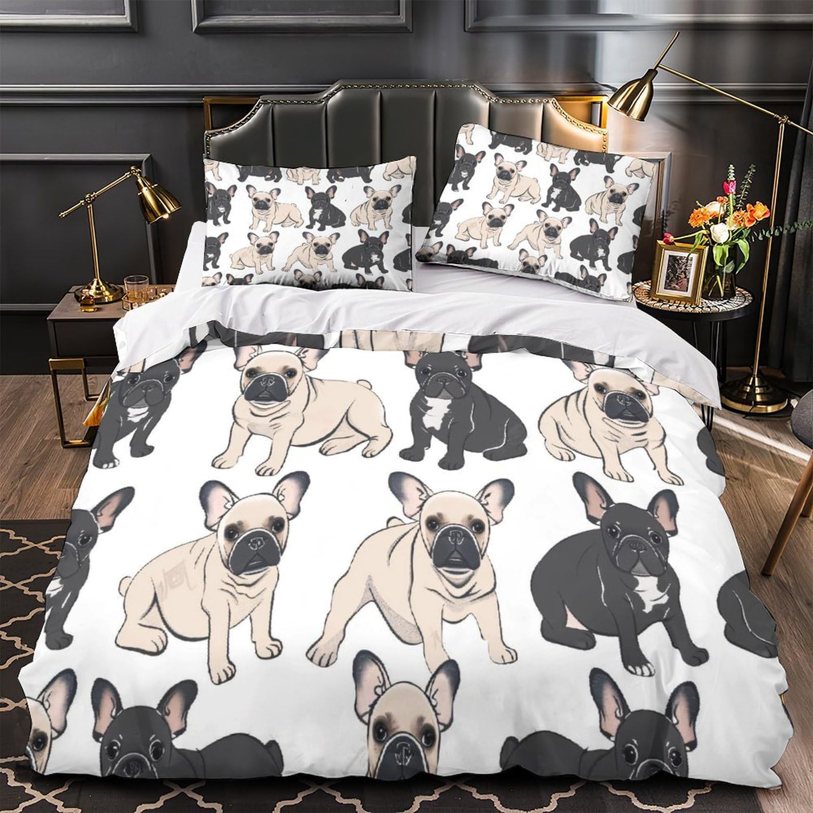 Parure bouledogue français pour chambre d'enfant lit simple avec fermeture éclair