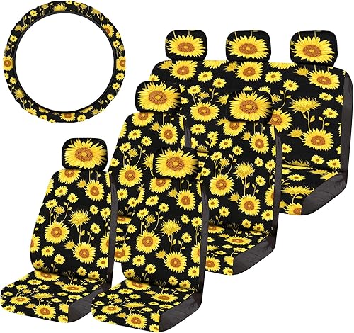 Juego de 14 accesorios de girasol para automóvil con 13 fundas de asiento de girasol, funda para volante, cubierta delantera y trasera, fundas de