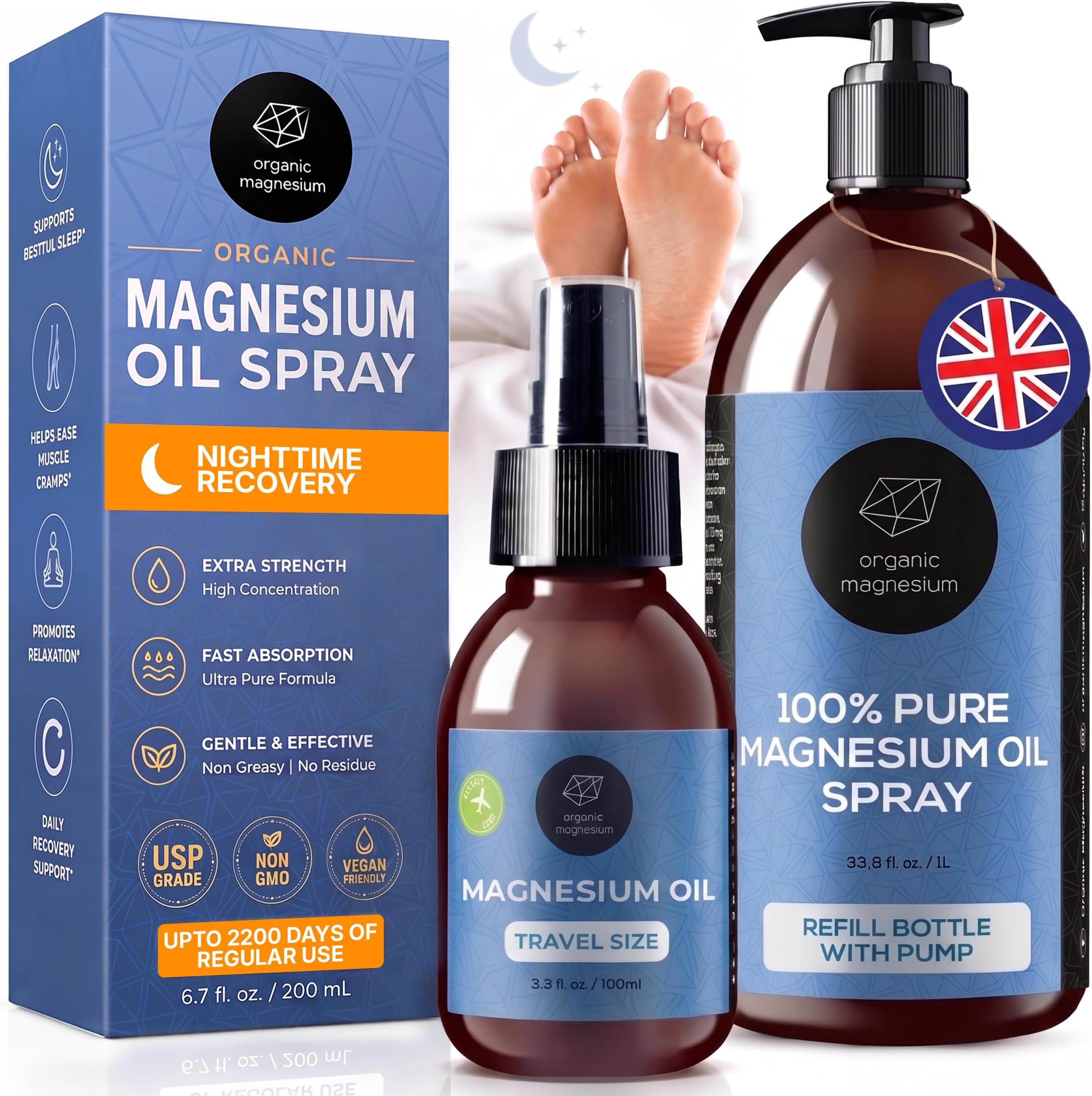 Magnesium Spray for Sleep 1000ml + 100ml - Natural Ultra Pure Magnesium Oil | Topical Organic Magnesium Foot Spray for Restless Legs and Muscle Cramp Relief, 100% Natural, Liquid Mg Chloride Oil