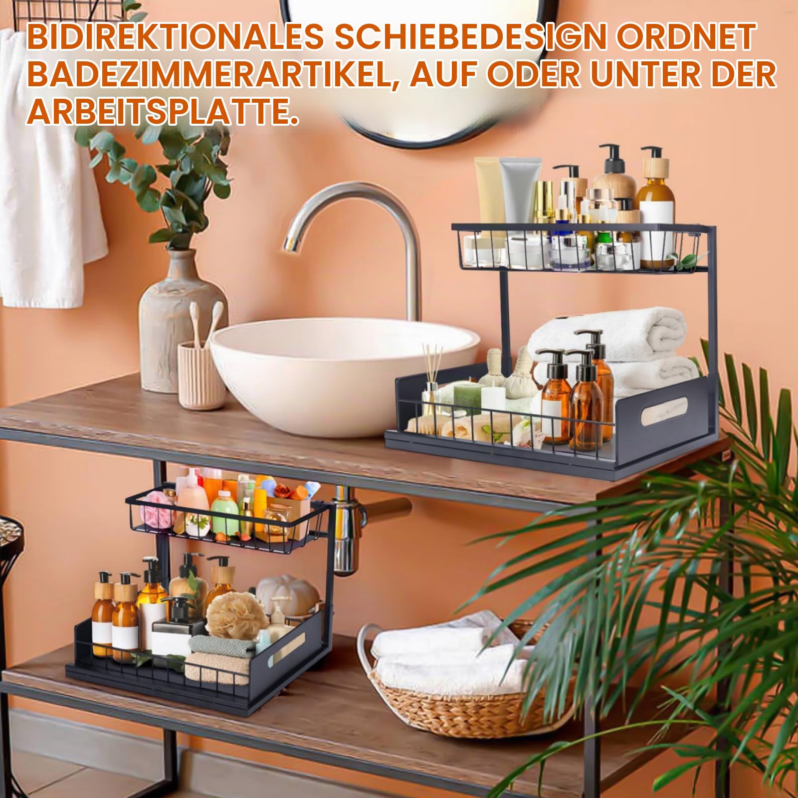 Spülschrank Organizer 2-Unter, Höhenverstellbar, Ausziehbares Waschbecken Regal mit 4 Haken & 2 Tassenhaltern, Metall Küchenregal für Putzmittel, Gewürze, Bad (Schwarz)