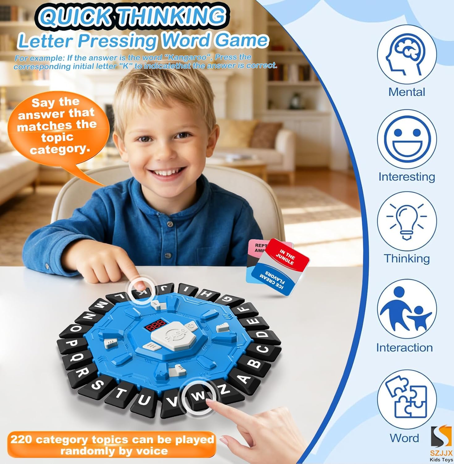 Word Game Family Board Games for Kids & Adults with 2 Modes,220 Topic Categories 24 Letters Pressing Games,Fun Fast-Paced Learning Game with English Pronunciation for Boys Girls Age 3+,35 Cards,Blue - Image 2