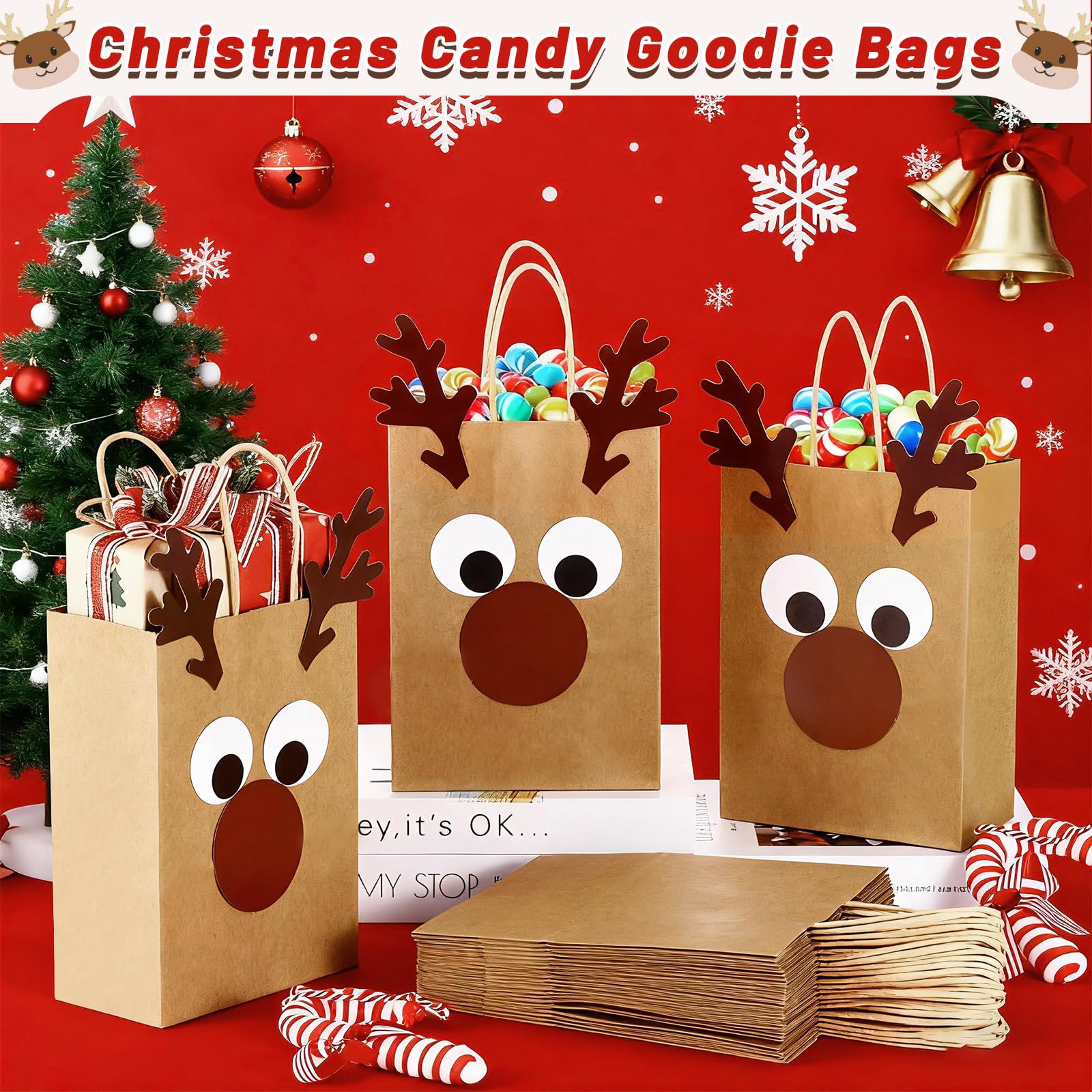 36 sacchetti regalo di Natale in carta kraft, con renna natalizia, sacchetti per dolcetti fai da te, renne, caramelle e dolcetti, con manici, forniture per imballaggio