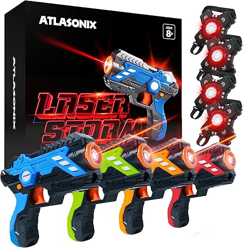 Atlasonix Juego de 4 pistolas y escudos, pistola láser, juego de 4 pistolas de etiquetas láser, etiqueta láser para niños de 8 a 12 años, juego de