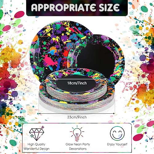 Miniatura 2 de Baderke 48 platos de neón de 9 pulgadas y 7 pulgadas que brillan en la oscuridad, suministros de fiesta, platos desechables de neón de papel,