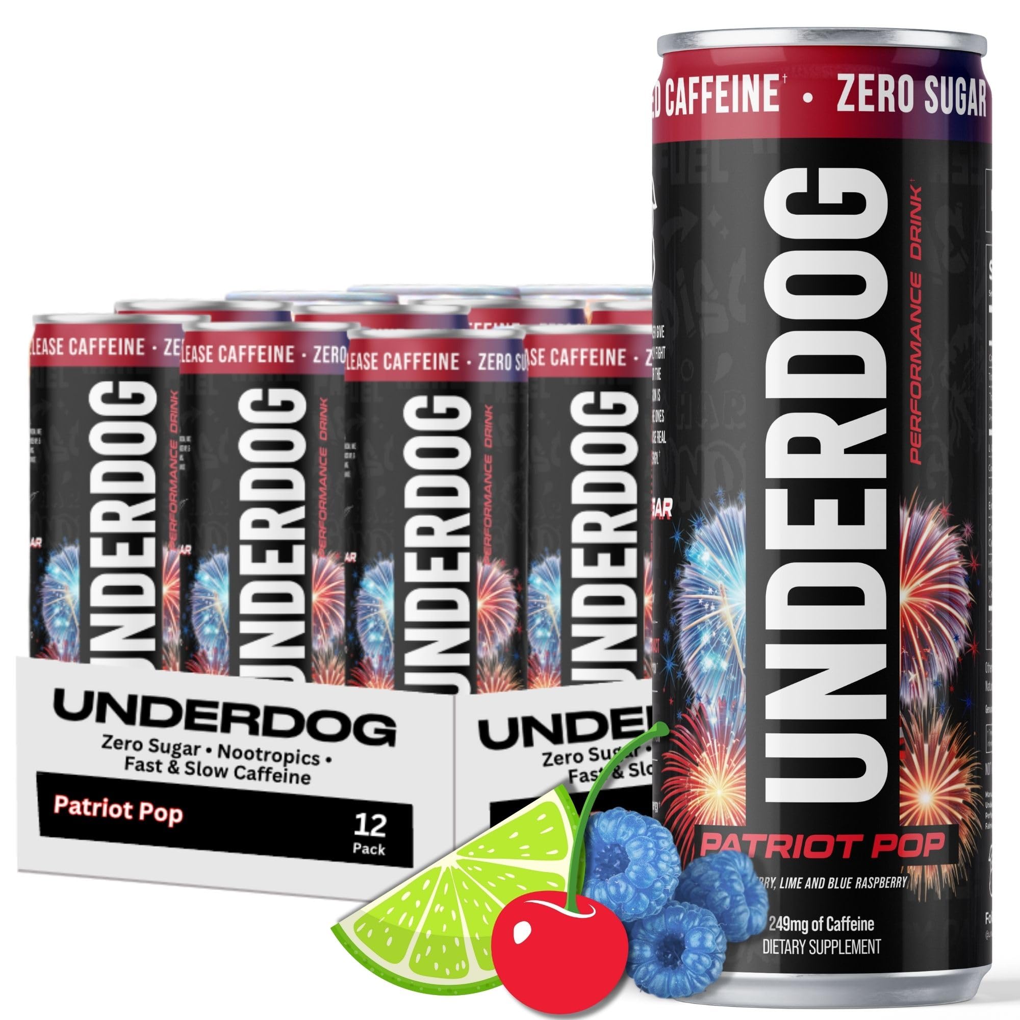 Underdog Performance Energy Drink, Patriot Pop, Nootropics, Green Tea Extract, Citrulline, Clean, Sugar Free Fast & Slow Release 249mg Caffeine per