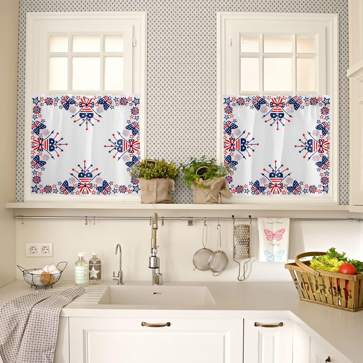 Memorial Day Kitchen Window Valance and Tier Set,4th of July Stars Fireworks 3 Piece Rod Pocket Tiers Curtain Valances USA Flag Love Bow Butterfly Windows Treatment for Bedroom/Bathroom/Living Room