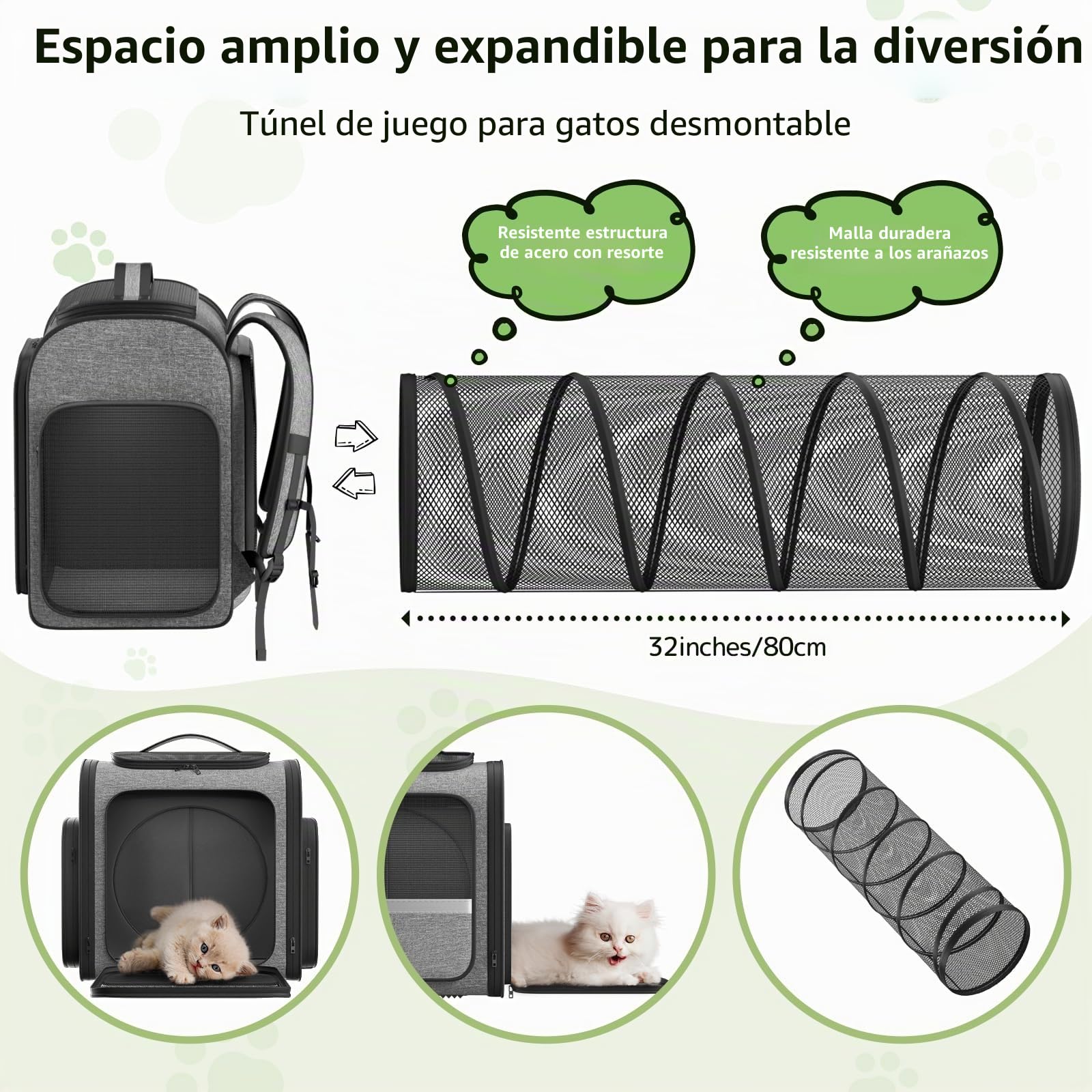 Pawtners Mochilas transportadoras para Gatos con túnel de Juego expandible para Gatos, Mochila para Mascotas aprobada por aerolíneas para Perros pequeños y Gatos Grandes de hasta 25 Libras,