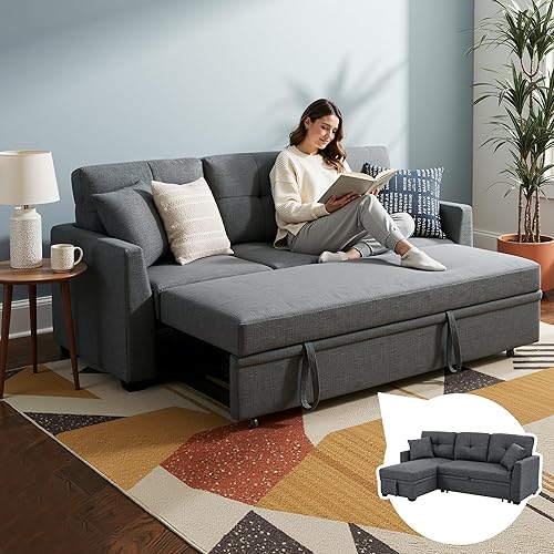 L Shaped 3 Seat Sofa Bed with Storage, 83" Sleeper Sofa Couch with Pull Out Chaise for Small Space, Sectional Couch for Apartment, Bedroom, Living Room, Dark Gray