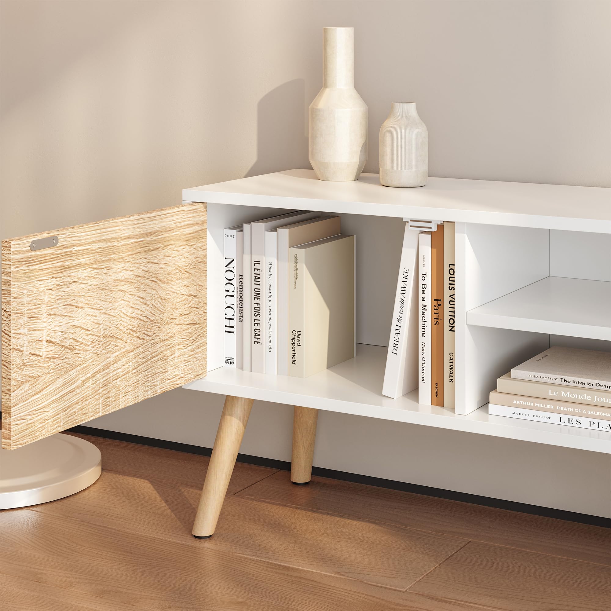 Meuble TV Design Support Télé Banc avec 2 Portes et 2 Étagères Panneau de Particules Mélaminé Pieds en Bois avec Revêtement PVC 120 x 30 x 47 cm Blanc Effet Chêne