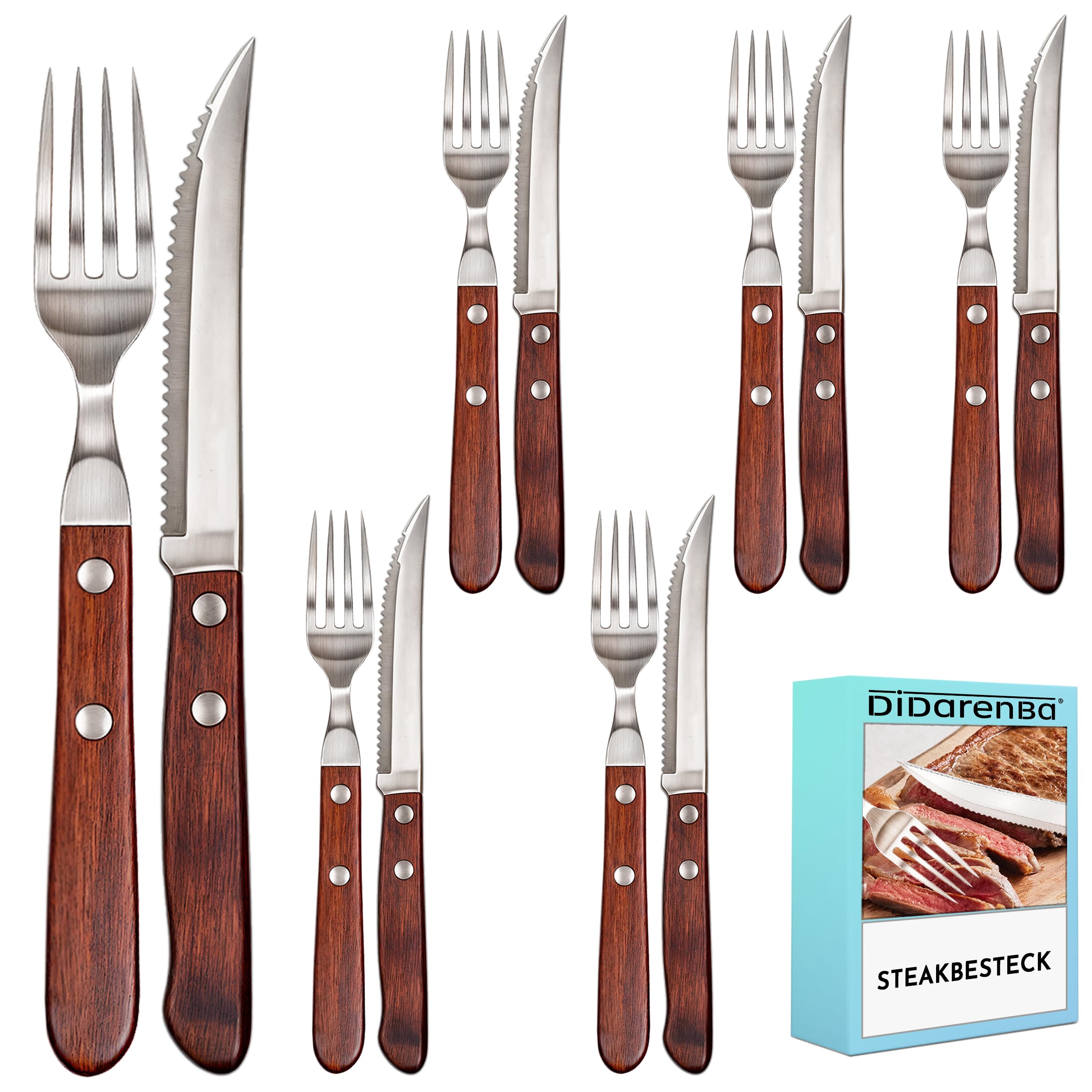 Steakbesteck edelstahl holz set 12 teilig mit 6 teilig Steakmessern und 6 teilig Steakgabeln