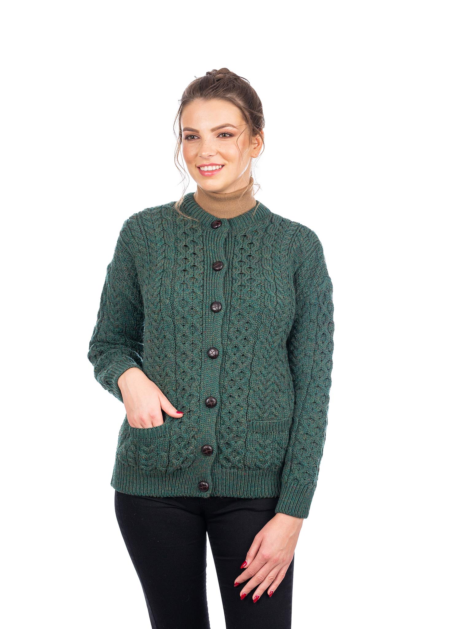 Women 100% Merino Wool Sweater Irish Aran Jacket Cardigan