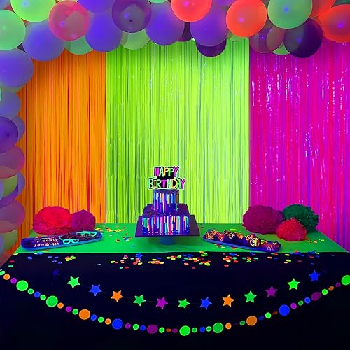 Miniatura 8 de Mega-L - Suministros de fiesta que brillan en la oscuridad, paquete de 3 decoraciones de fiesta de neón de 9.9 x 6.6 pies, cortinas de flecos